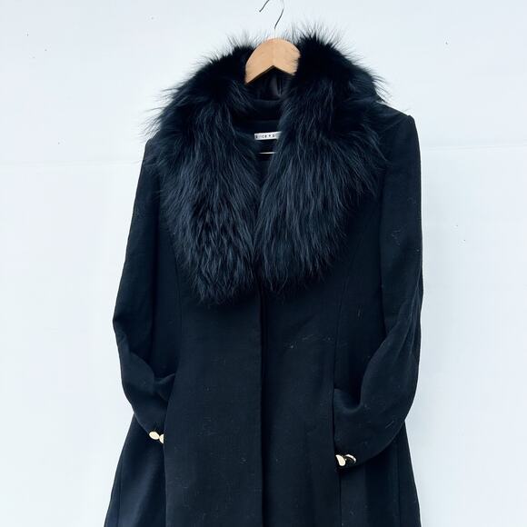 Alice + Olivia Fox Fur Mob Wife Long Wool Trench Coat Jacket Button Medium Black - Picture 4 of 13